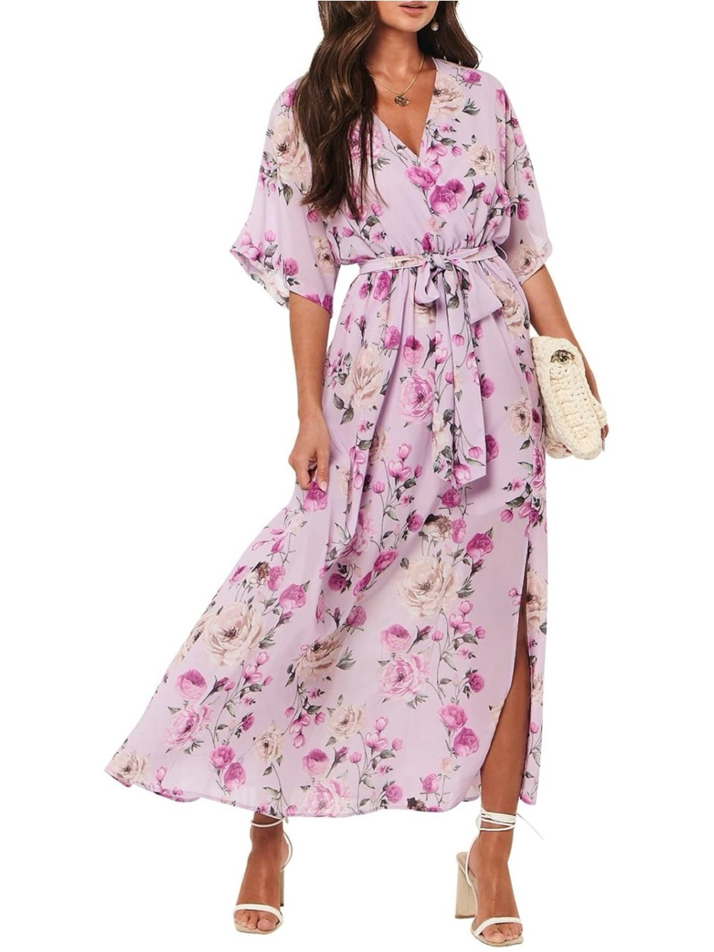 Floral Wrap V-Neck 3/4 Sleeve Flowy Slit Kimono Maxi Dress - Lavender , Size M